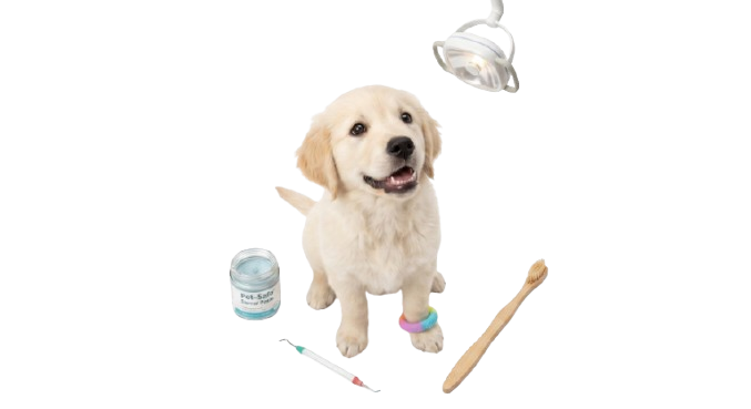 Puppy with dental tools — anesthesia-free dental cleaning at PetSpa Miami Doral